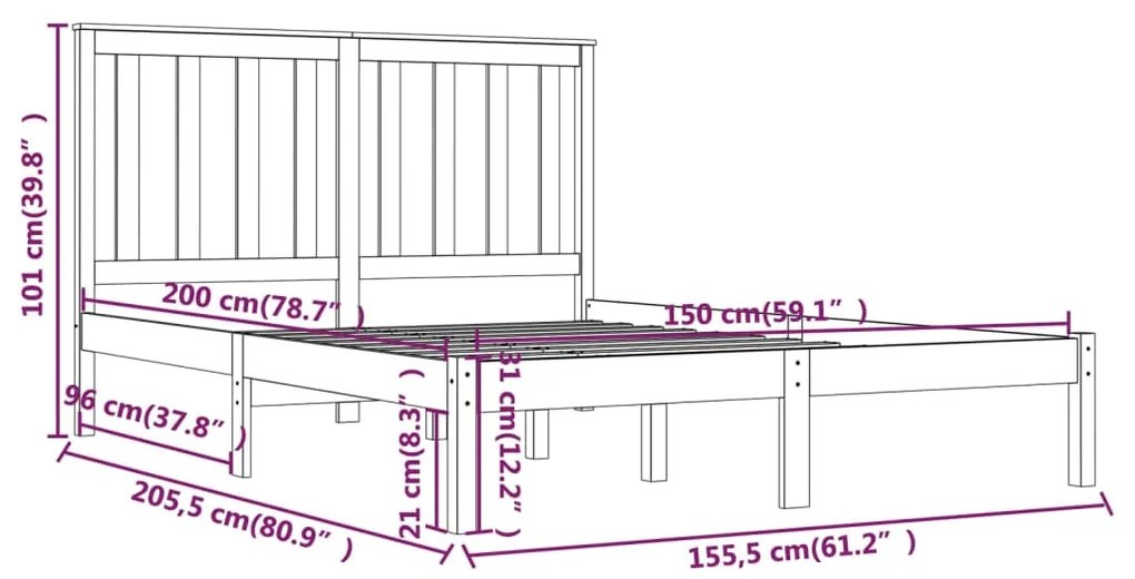 Cadru pat 5FT King Size, maro miere, 150x200 cm, lemn masiv pin maro miere, 150 x 200 cm