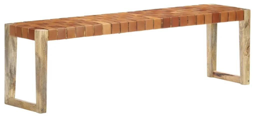 Banca, maro, 150 cm, piele naturala si lemn masiv de mango Maro, 150 x 35 x 45 cm
