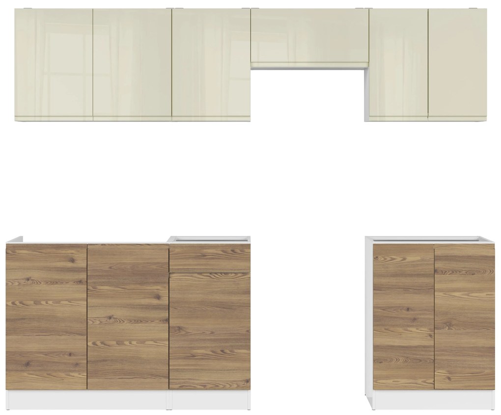 Set mobilier bucătărie 240 cm Junona Line (vanilie lucios + zadă sibiu auriu + Alb). 1098516