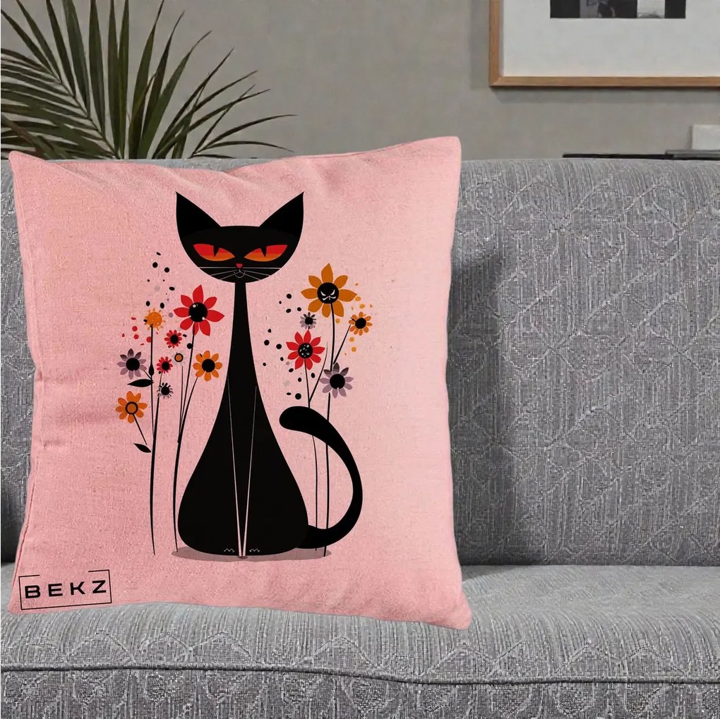 Perna Decorativa Pisica Neagra Ochi Rosii Flori, 40x40 cm, Roz, Husa Detasabila, Perna Inclusa, BEKZ®