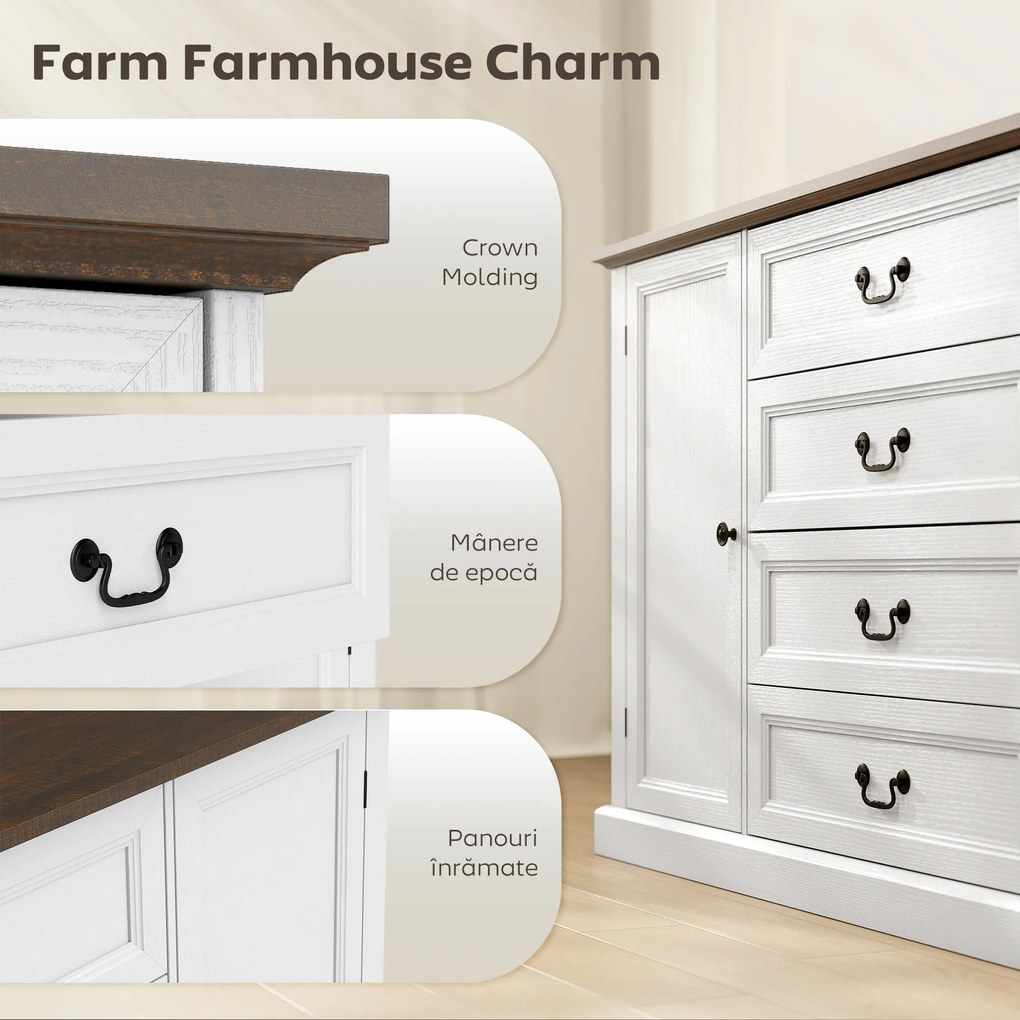 HOMCOM Credență de Bucătărie, Mobilier de Bucătărie cu 4 Sertare Soft Close, Blat Gros, Bufet cu Rafturi Reglabile, Stil Rustic, pentru Sufragerie, Sala de Mese, 147x40x87 cm, Alb | Aosom Romania