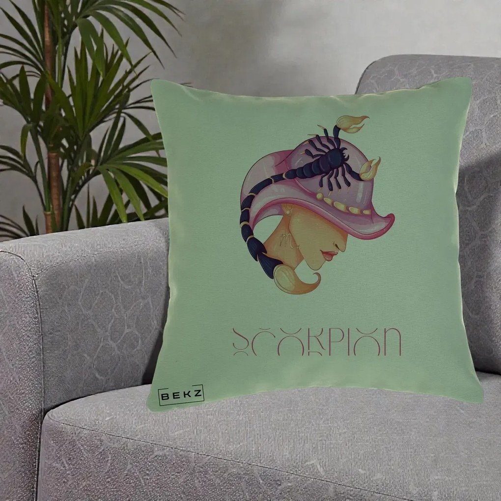 Perna Personalizata Zodiac Scorpion Cowgirl, 40x40 cm, Verde, Husa Detasabila, Perna Inclusa, BEKZ®