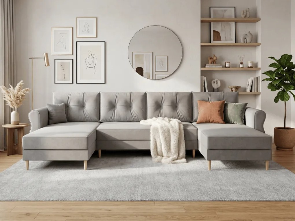 PROMO Coltar extensibil in U SILVIANO 300x140 cm, gri + 2 perne GRATUIT II. calitate
