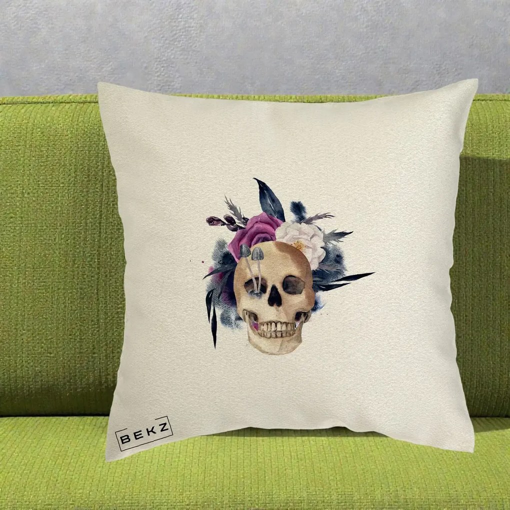 Perna Decorativa Craniu Floral cu Trandafiri si Ciuperci, 40x40 cm, Ecru, Husa Detasabila, Perna Inclusa, BEKZ®