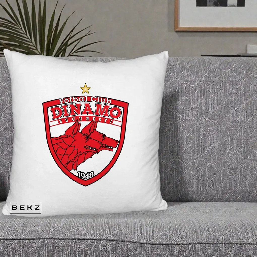 Perna Personalizata FC Dinamo Bucuresti 1948 Fotbal, 40x40 cm, Alb Pufos, Husa Detasabila, Perna Inclusa, BEKZ®