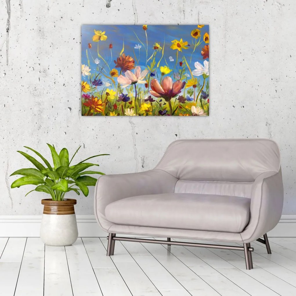Tablou pe sticlă cu luncă înflorită (70x50 cm)