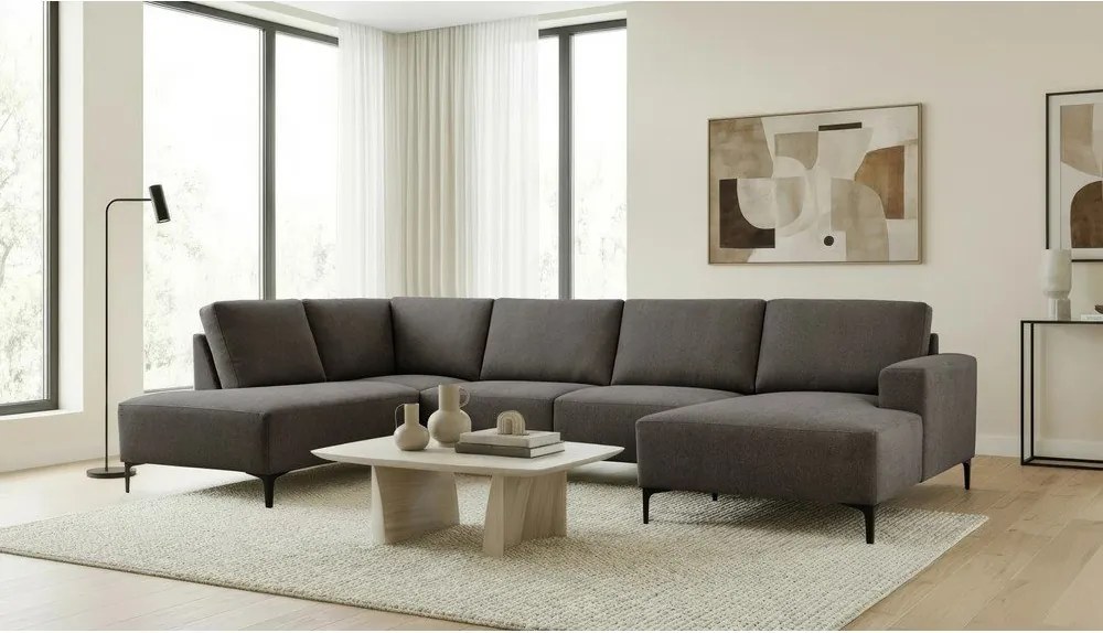 Colțar gri antracit cu tapițerie din chenille (cu colț pe partea stângă/în formă de "U") Fabian – Scandic