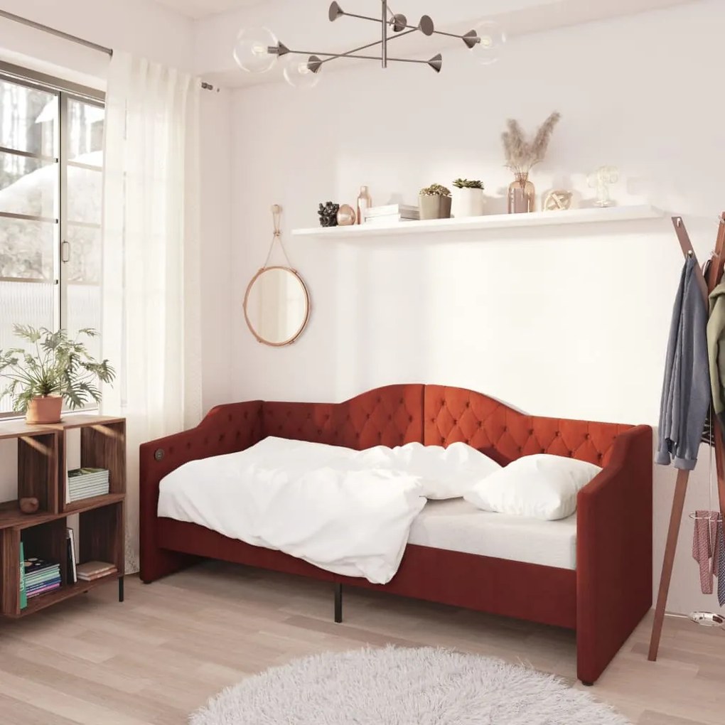 3080295 vidaXL Pat de zi cu saltea & USB, roșu vin, 90x200 cm, textil