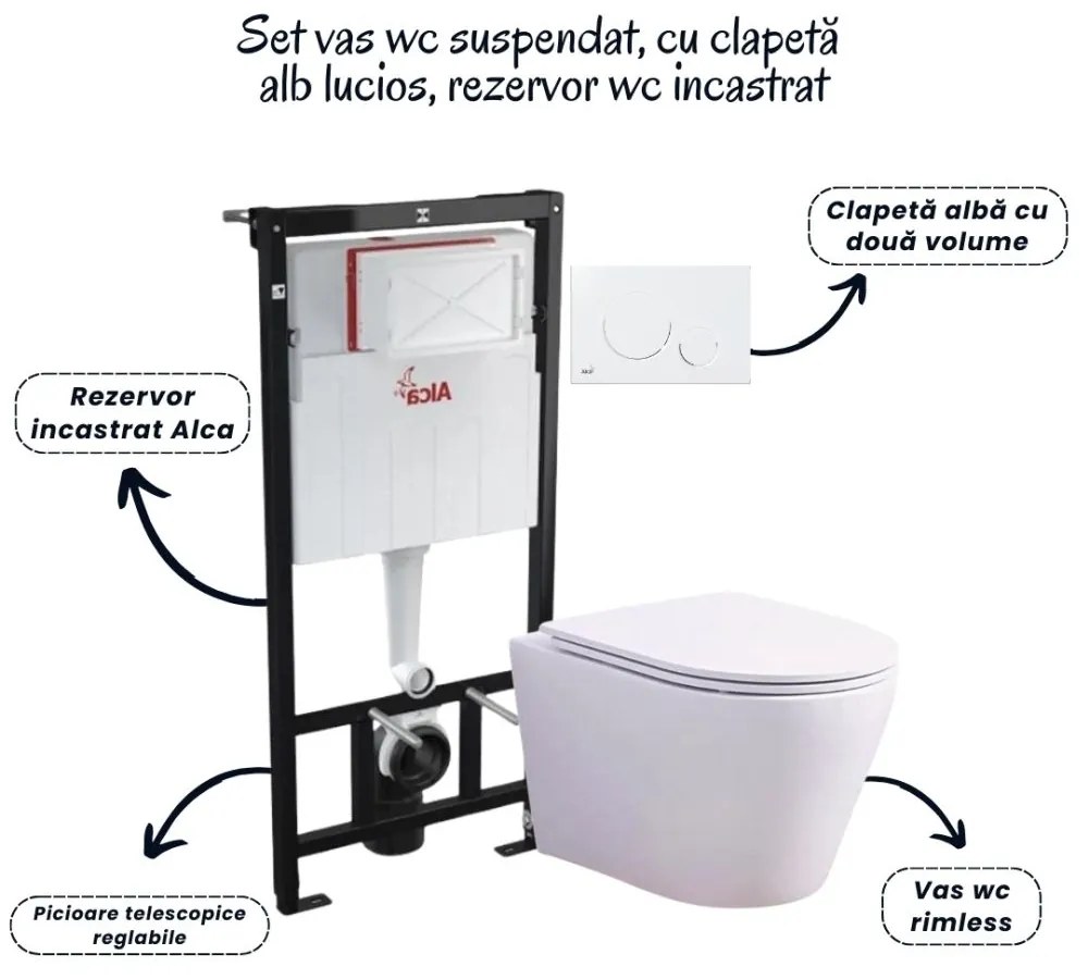 Set vas wc suspendat rimless cu capac soft close Oslo, rezervor incastrat si clapeta alb lucios Alcaplast