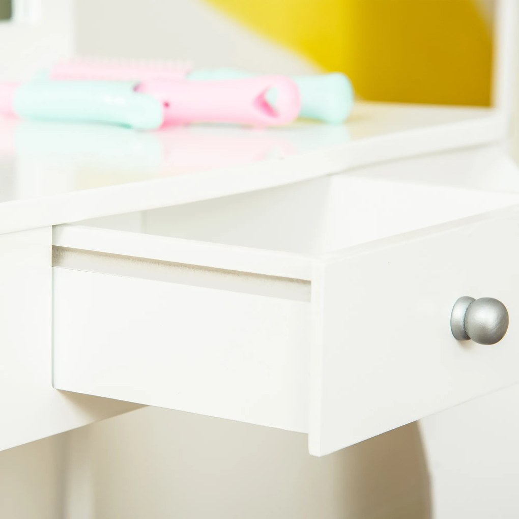 HOMCOM Coafatoare pentru Copii cu Taburet, oglindă triptică și Sertar Culisant - Dimensiuni Coafatoare 63L x 40l x 85,5H cm - Alb Acrilic | Aosom Romania