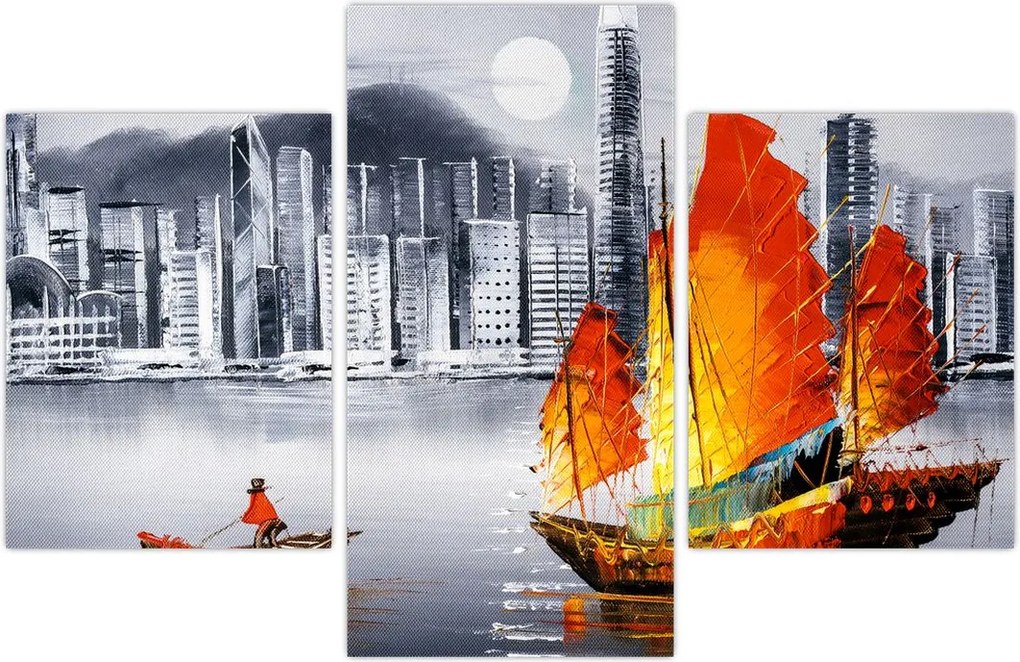 Tablou - Victoria Harbour, Hong Kong, pictură în ulei alb- negru (90x60 cm)