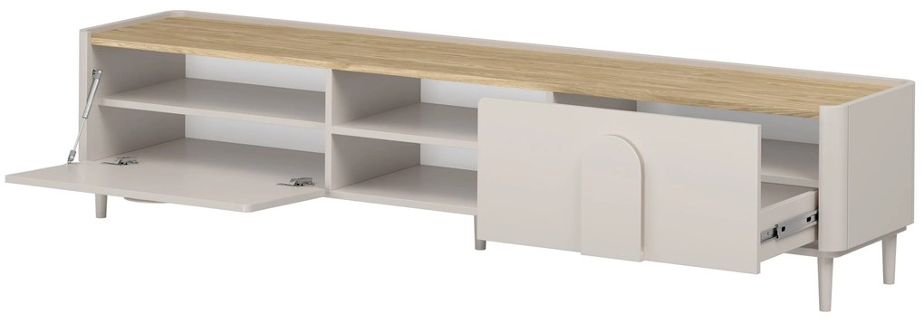 Comodă TV cu sertar Amilio 220 cm pe picioare - cașmir / stejar uleiat / mânere cașmir
