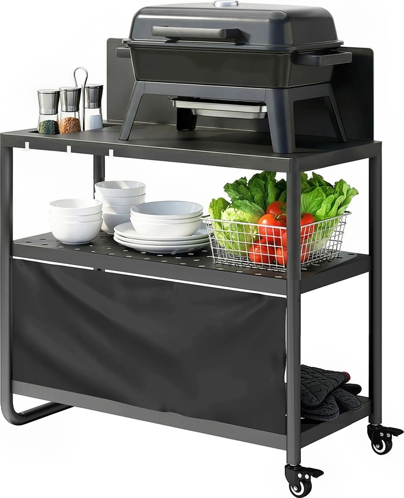Outsunny Căruț pentru grătar Servantă de grădină mobilă cu paravânt 3 niveluri husă Oxford 100x46x110cm Negru | Aosom Romania