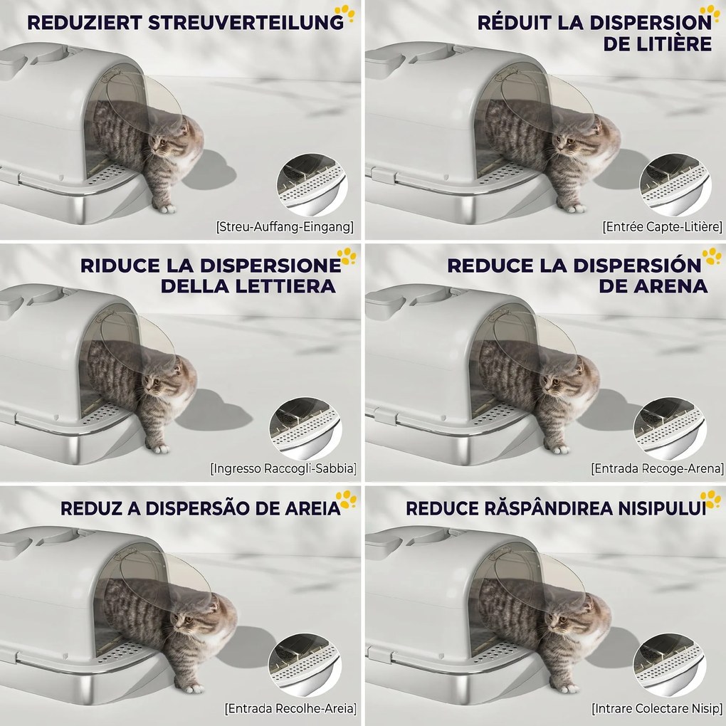 PawHut Litieră închisă pentru pisici, L, din oțel inoxidabil, cu mâner, lopățică și deodorant, anti-împrăștiere, gri | Aosom Romania