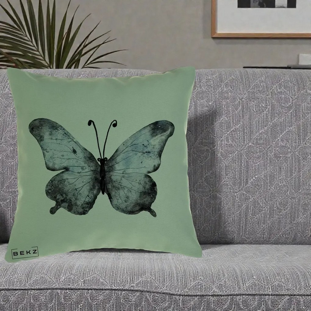 Perna Decorativa Fluture Acuarela Albastru-Gri, 40x40 cm, Verde, Husa Detasabila, Perna Inclusa, BEKZ®
