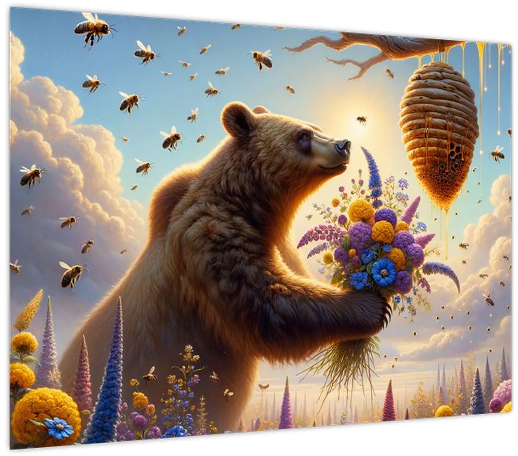 Tablou pe sticlă - Ursul și albinele (70x50 cm)
