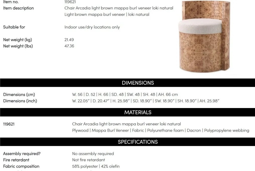 Scaun design LUX, Furnir Burl Mappa, Maro, Arcadia