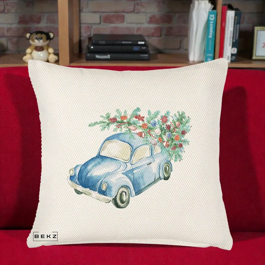 Perna decorativa de Craciun: Masinuta Albastra cu Brad de Craciun, 45x45 cm cu Umplutura, Crem Reliefat, BEKZ