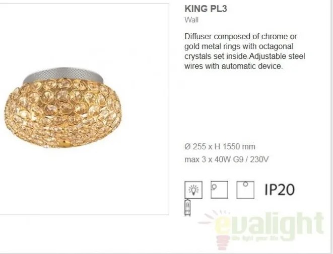 Aplica, Plafoniera cristal Venezian diam 25,5cm KING PL3 ORO 075402