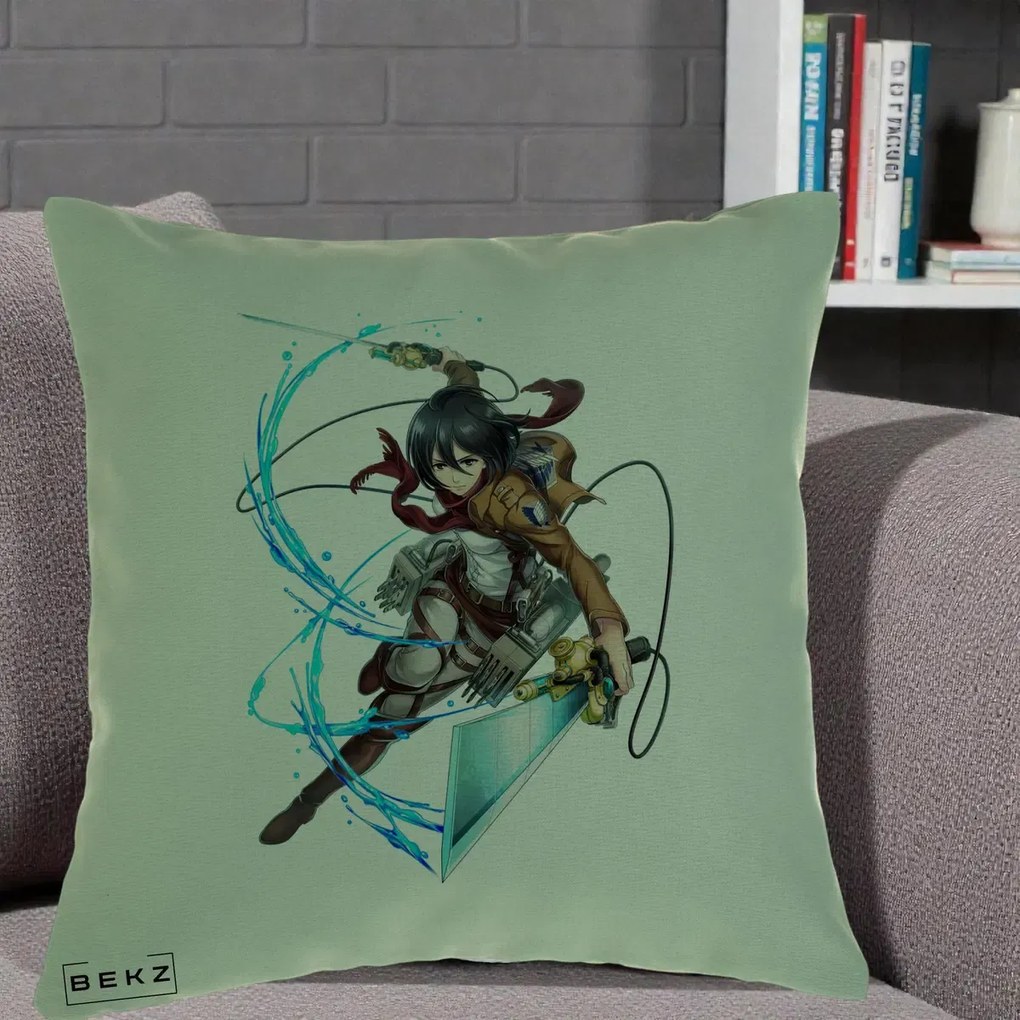 Perna Personalizata Attack on Titan Mikasa Ackerman Lupta, 40x40 cm, Verde, Husa Detasabila, Perna Inclusa, BEKZ®