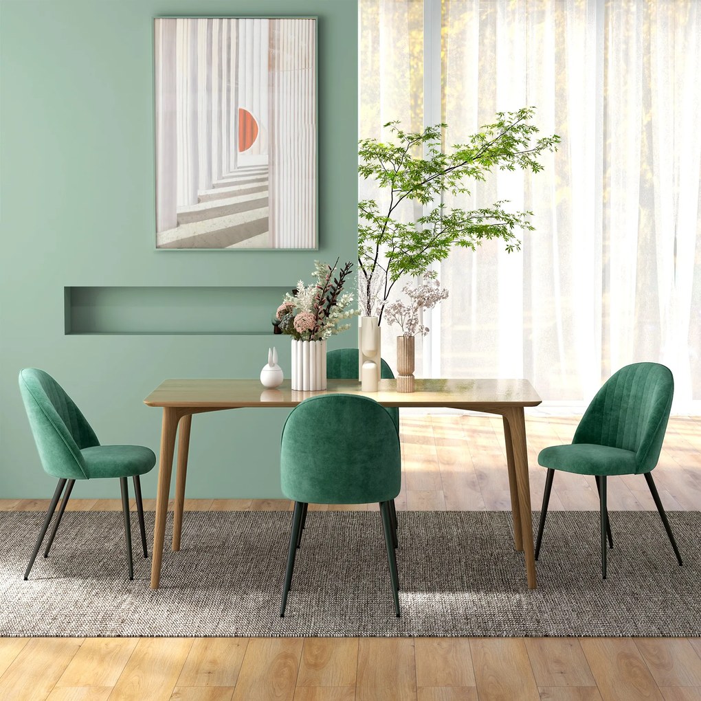 HOMCOM Set de 4 Scaune Tapițate Moderne cu Spătar Curbat, Catifea, Scaune din Țesătură, 50x52x83 cm, Verde | Aosom Romania