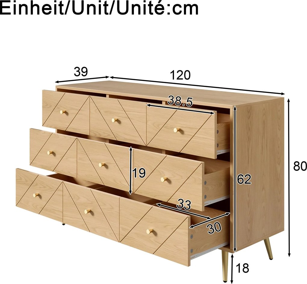 Comodă cu 9 sertare, cu mult spațiu de depozitare, modele geometrice, 120x39x80 cm, Culoare naturală