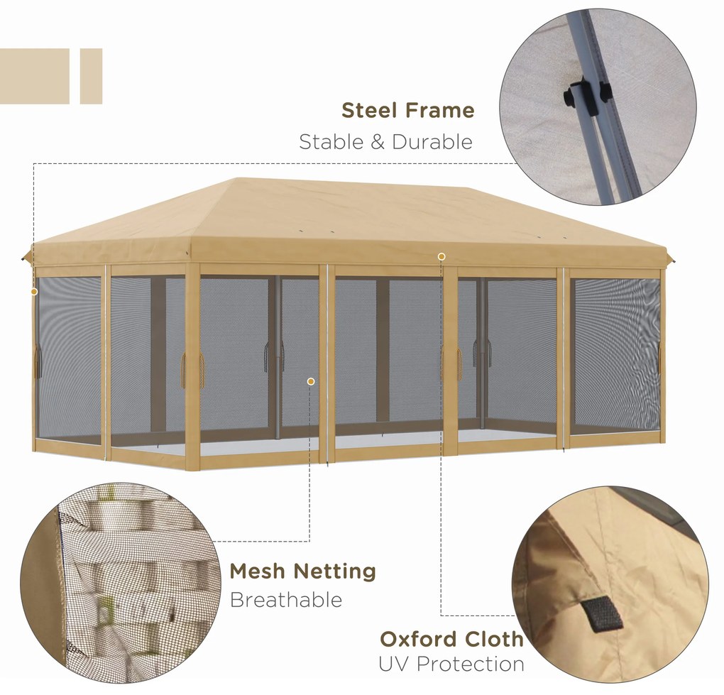 Outsunny Baldachin Pop-Up cu Plasă, Cort pentru Petreceri cu Geantă de Transport pentru Exterior, 585x295xx270 cm, Bej | Aosom Romania