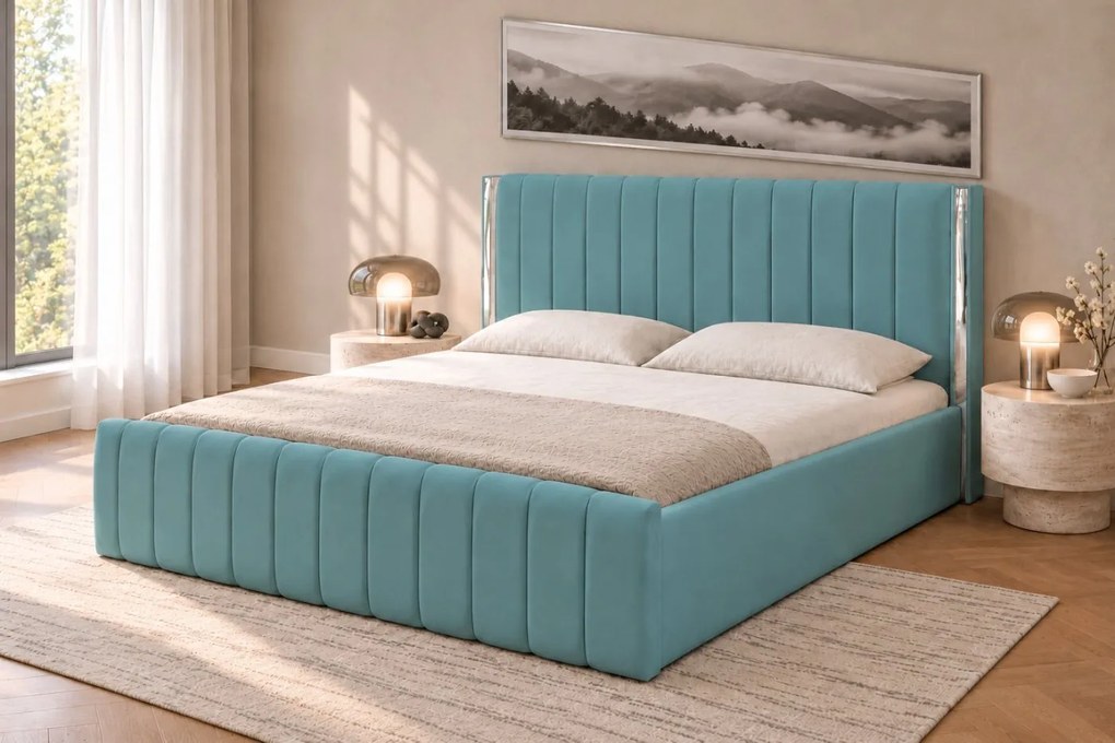 Pat tapițat din catifea Aurelia 140×200 cm, verde marin, detalii argintii, cu ladă de depozitare