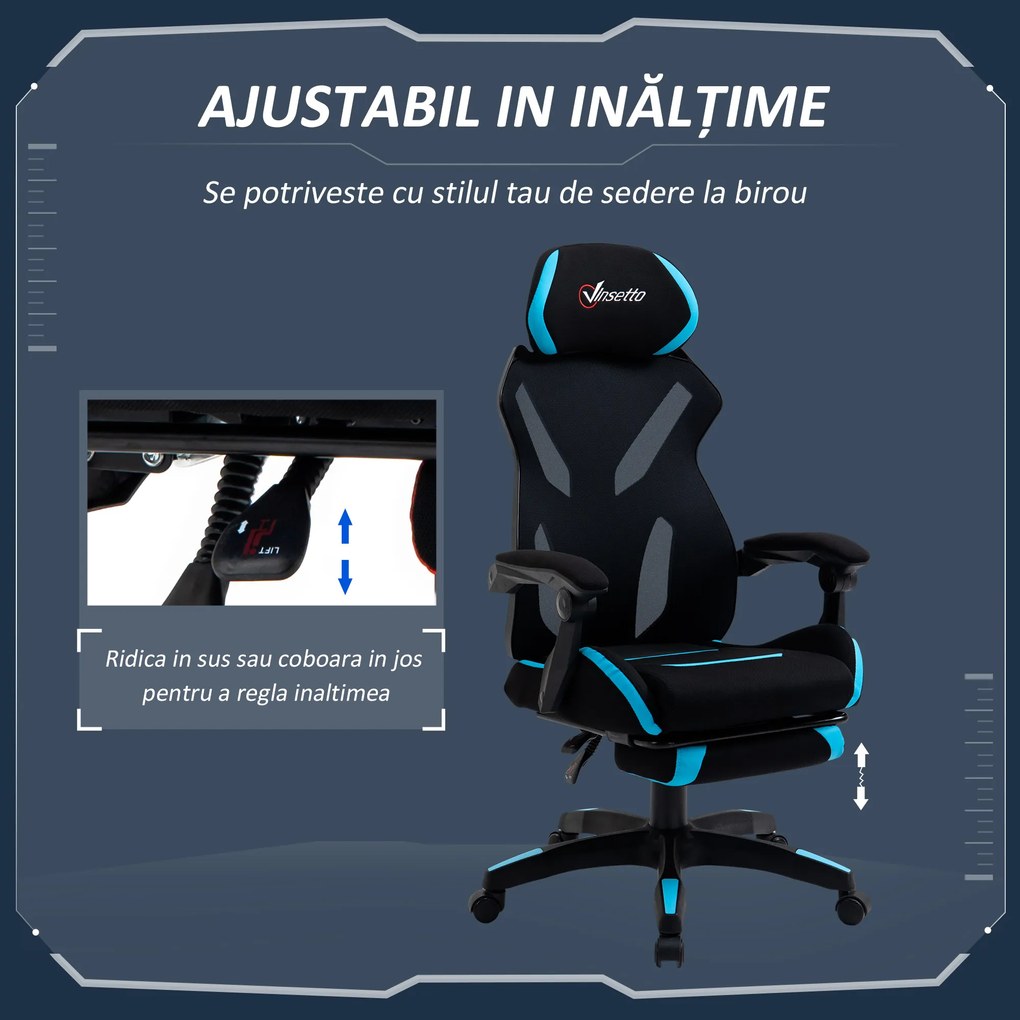 Vinsetto Scaun Gaming cu Suport Lombar, Scaun Birou Ergonomic cu Inălțime Reglabilă din Țesătură, 65x65x119-129 cm, Negru și Albastru | Aosom Romania