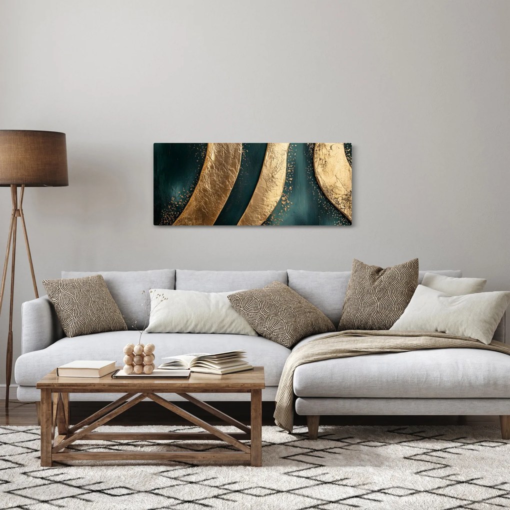 Tablou - Abstracție verde cu auriu I. (120x50 cm)