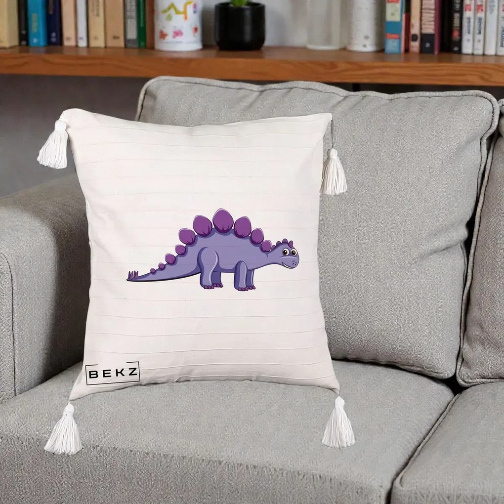 Perna Personalizata Stegozaur Mov, 40x40 cm, Bej cu Franjuri, Husa Detasabila, Perna Inclusa, BEKZ®
