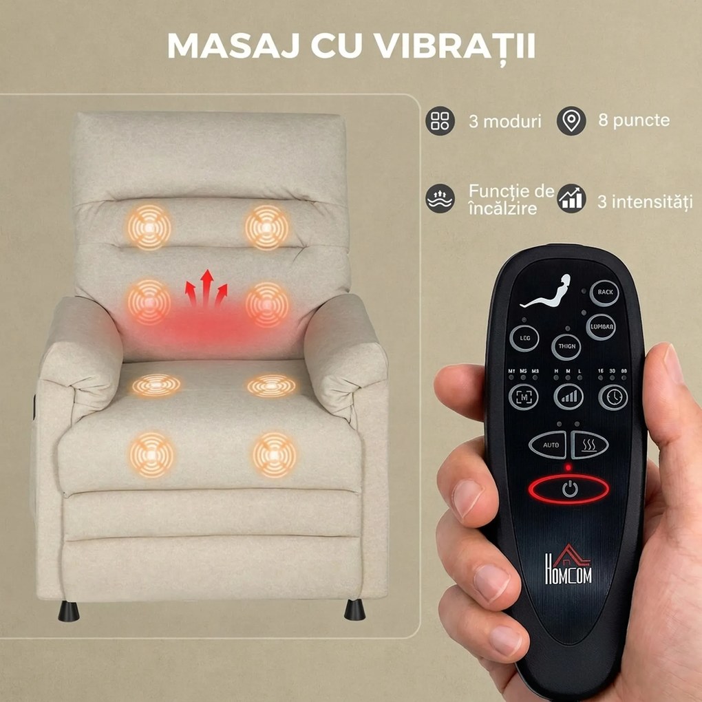 HOMCOM Fotoliu Relaxant Electric cu Masaj și Încălzire, cu Suport pentru Picioare, Silențios, Reclinabil 150° în Material Catifelat Prietenos cu Animalele, cu Funcție de Memorare, 2 Telecomenzi pentru Sufragerie, Bej | Aosom Romania