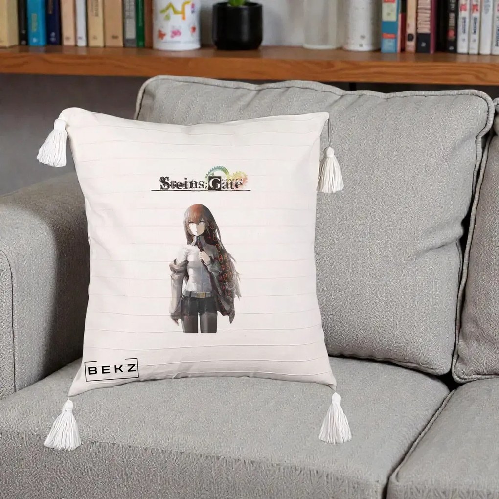 Perna Personalizata Steins Gate Kurisu Makise Anime, 40x40 cm, Bej cu Franjuri, Husa Detasabila, Perna Inclusa, BEKZ®