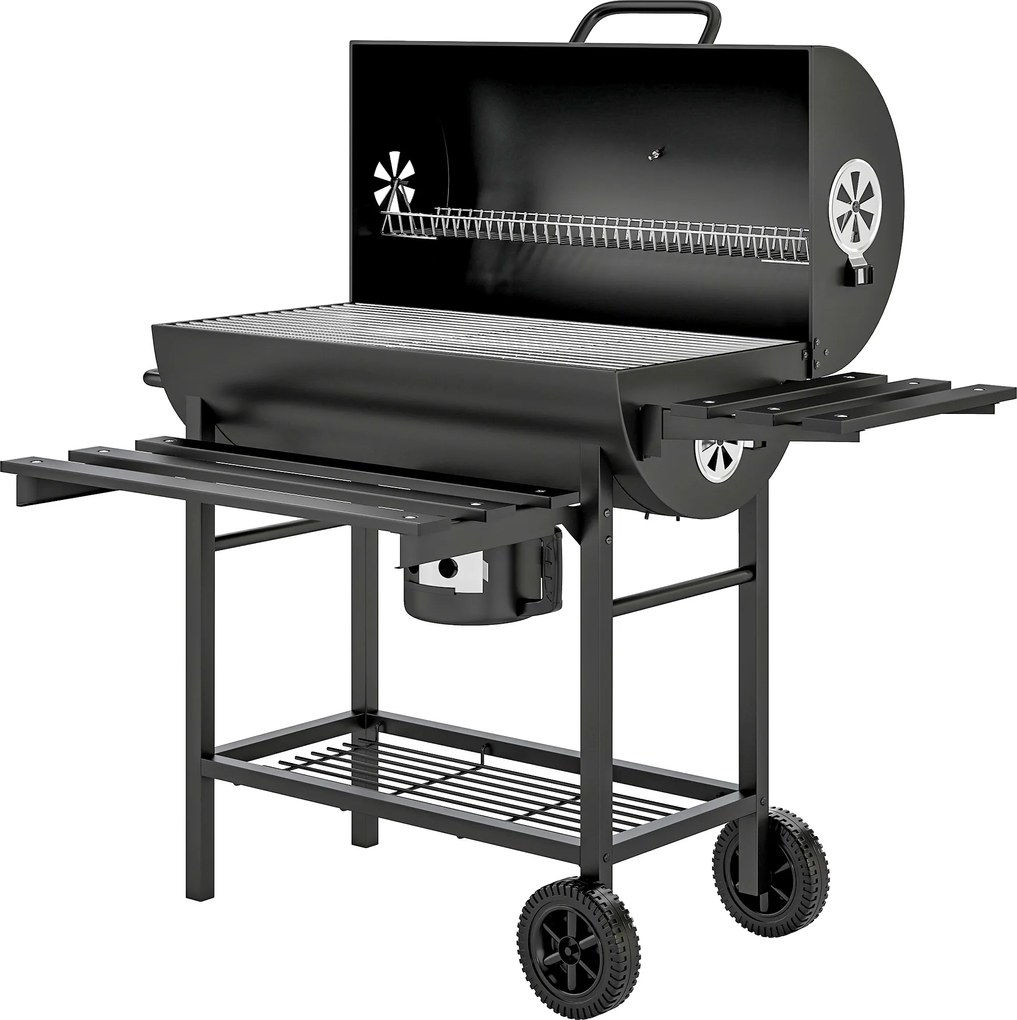 Outsunny Grătar pe cărbuni din oțel BBQ Smoker cu capac mânere termometru roți mobil 114 x 65 x 95 cm | Aosom Romania