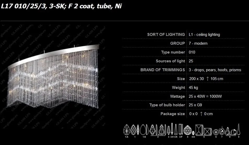 Lustra moderna cristal Bohemia, L-200cm L17 010/25/3, 3-SK, F 2 coat, tube