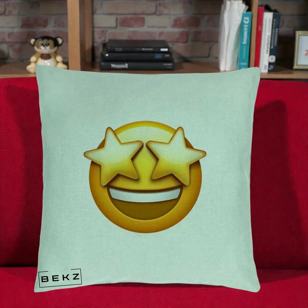 Perna Decorativa Emoji Ochi Stele, 40x40 cm, Verde Menta, Husa Detasabila, Perna Inclusa, BEKZ®
