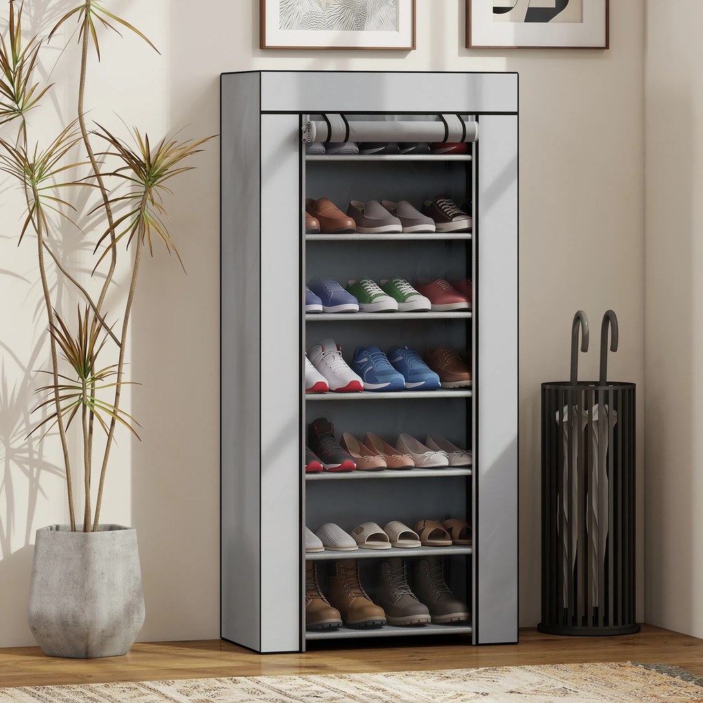 HOMCOM Pantofar cu 7 rafturi din oțel, cu husă din material nețesut, 60 x 30 x 126 cm, gri | Aosom Romania