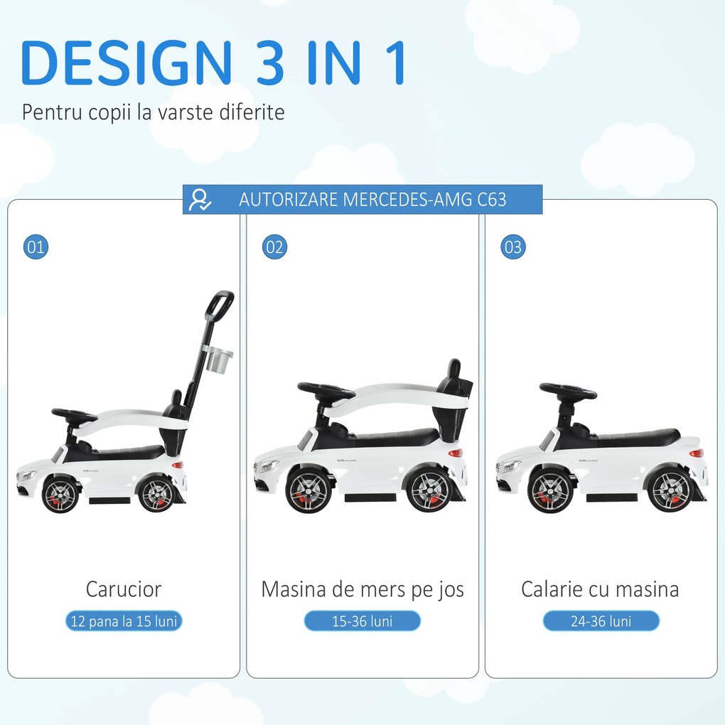 Masina pentru copii 12-36 luni HOMCOM cu maner si bare de siguranta detasabile, licenta Mercedes, alb | Aosom Romania