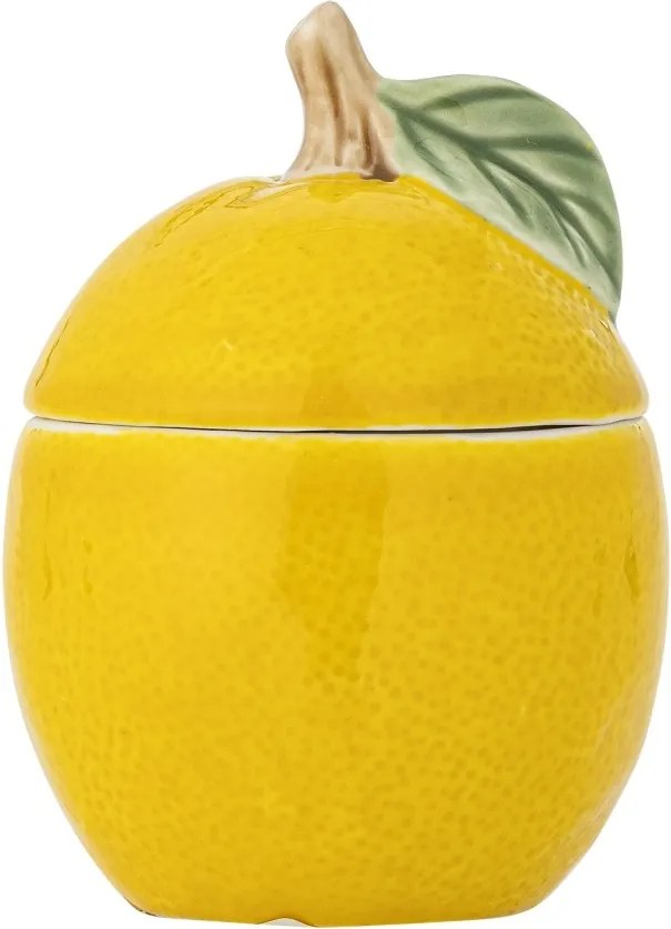 Borcan din ceramică cu capac, galben, formă de lămâie cu frunză și codiță, decorat parțial manual, 12 x 9 cm, „Limone”