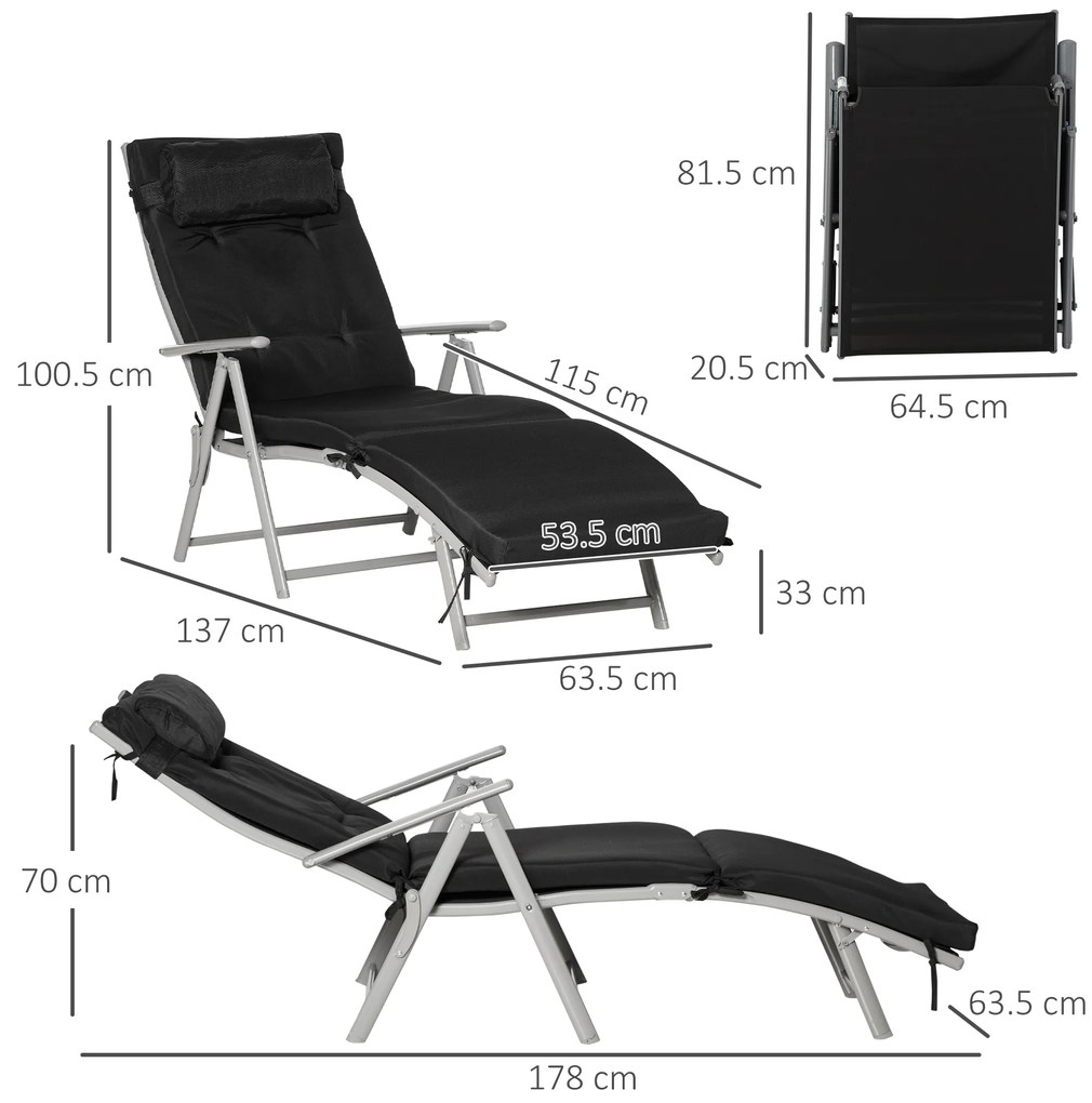 Outsunny Șezlong pliabil 7 poziții, șezlong înclinabil, confort sporit cu saltea + cotiere, metal epoxidic, textilenă, poliester Negru | Aosom Romania