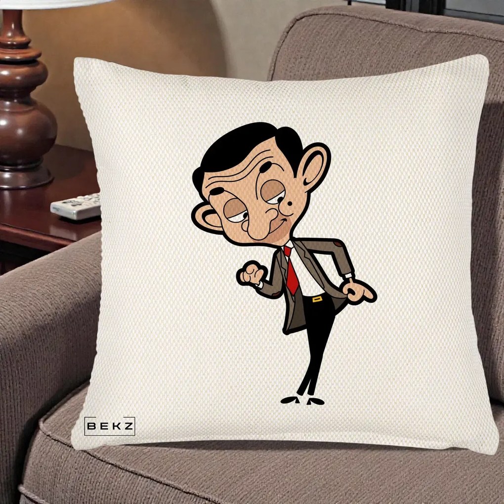 Perna Personalizata Mr. Bean Caricatura, 40x40 cm, Crem Reliefat, Husa Detasabila, Perna Inclusa, BEKZ®