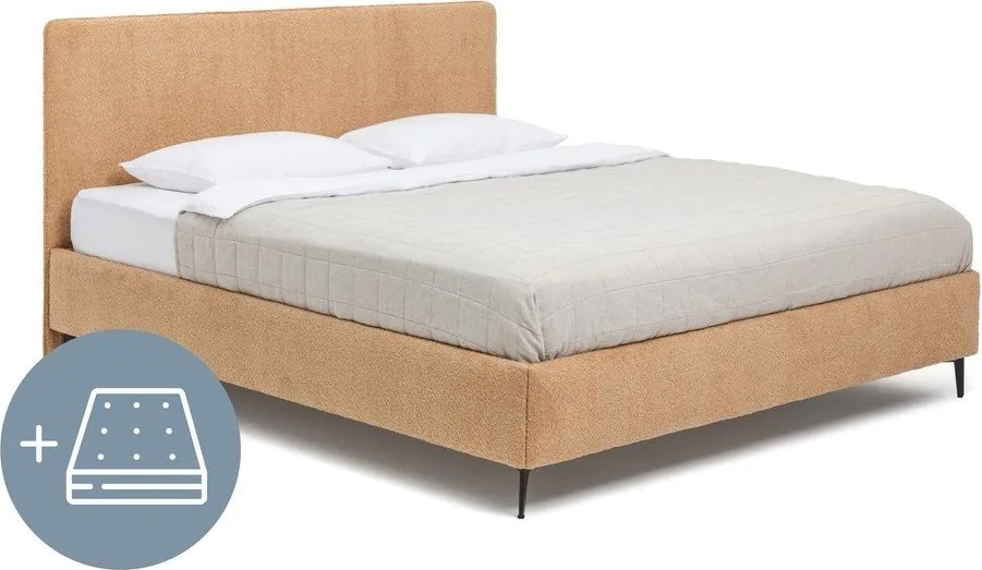 Pat dublu tapițat cu saltea și somieră 160x200 cm în culoarea muștar Noira Slim - Bonami Selection