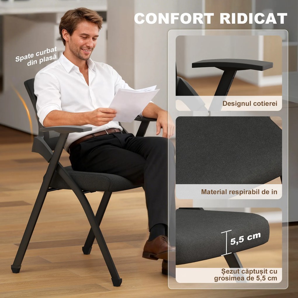 HOMCOM Set de 2 Scaune Pliabile în Material Textil cu Efect de In cu Spătar Curbat și Brațe, Scaune Portabile Salvaspațiu din Oțel, pentru Casă, Birou, Bucătărie, Evenimente, 61x56x84 cm, Negru | Aosom Romania