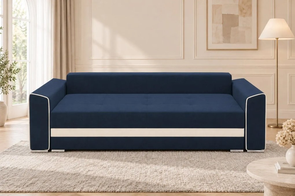 Canapea extensibilă Ondina din stofă, bleumarin + crem, cu ladă de depozitare