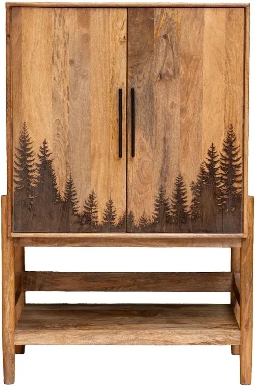 Dulap din lemn de mango, cu 2 uși gravate cu motiv de pădure, 5 rafturi și mânere, natur, finisaj mat, 93×45.5×142.5 cm, „Forestia"