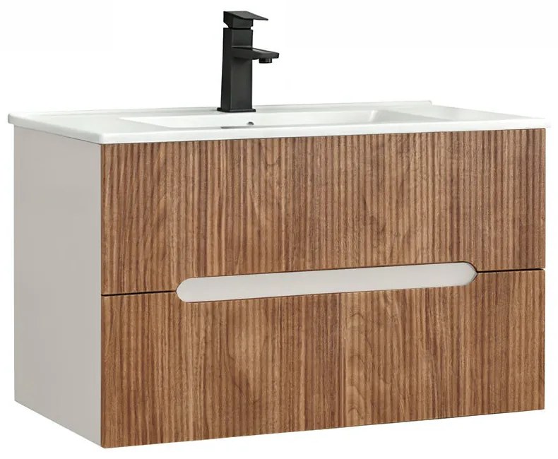 Trent 80 dulap de baie inferior cu chiuvetă ceramică (2 sertare) stejar alb-sunset