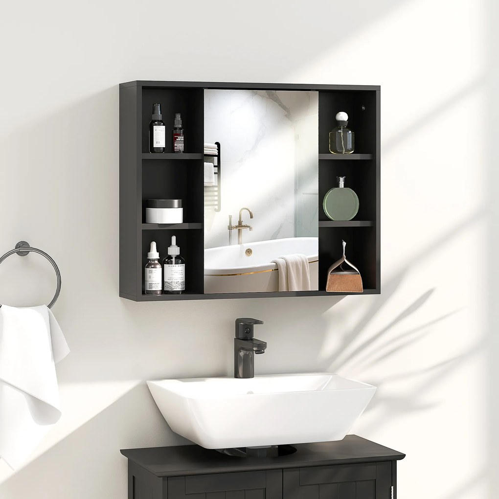 HOMCOM Dulap cu Oglindă pentru Baie, 3 Rafturi Laterale, Raft Reglabil, MDF și PAL, 60x14,5x49,4 cm, Negru și Lemn Natur | Aosom Romania