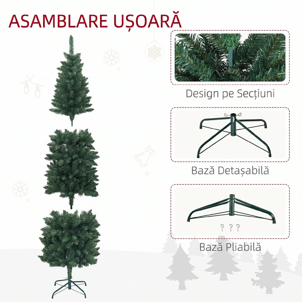 HOMCOM Brad Artificial de Crăciun cu 687 Ramuri, Brad de Crăciun Înalt și Îngust cu Bază Pliabilă, Ø75x210 cm, Verde | Aosom Romania