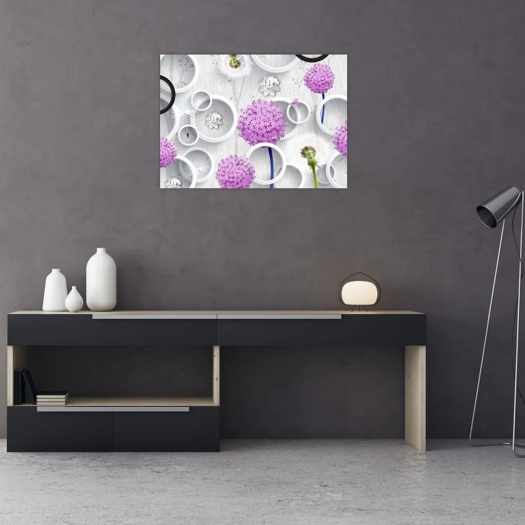 Tablou pe sticlă cu abstracție 3D cu cercuri și flori (70x50 cm)