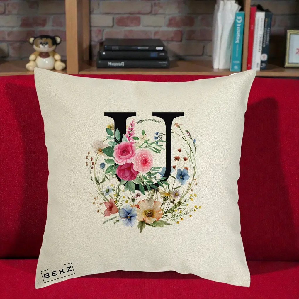 Cadou Personalizat - Perna Personalizata Monogram Litera U cu Flori Acuarela, 40x40 cm, Ecru, Husa Detasabila, Perna Inclusa, BEKZ®